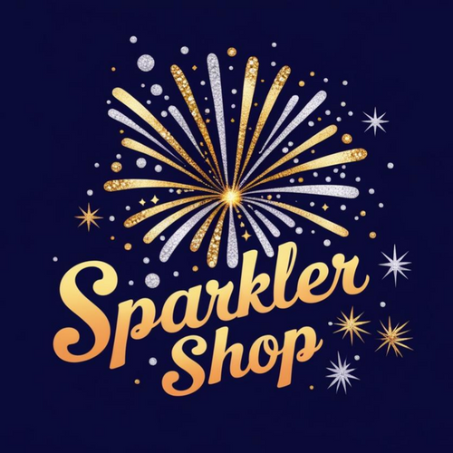 Sparkler Shop logo featuring elegant serif text with a lit sparkler design, representing wedding sparklers, party sparklers, and celebration send-off sparklers.